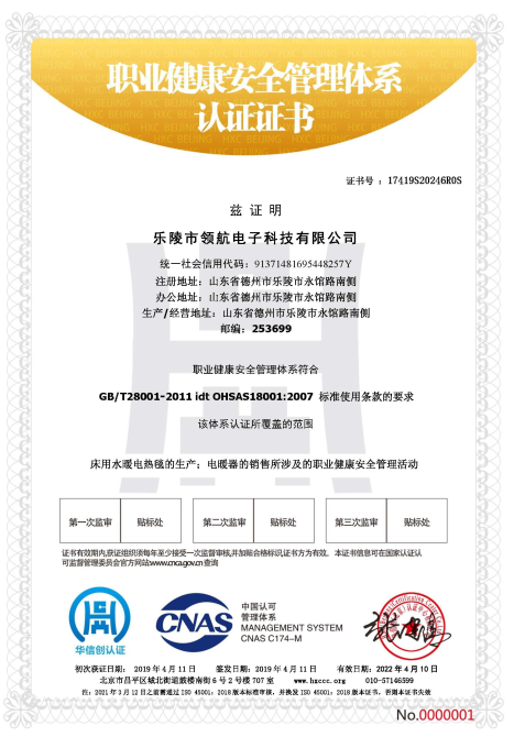 樂陵領(lǐng)航電子職業(yè)健康安全管理體系認證證書